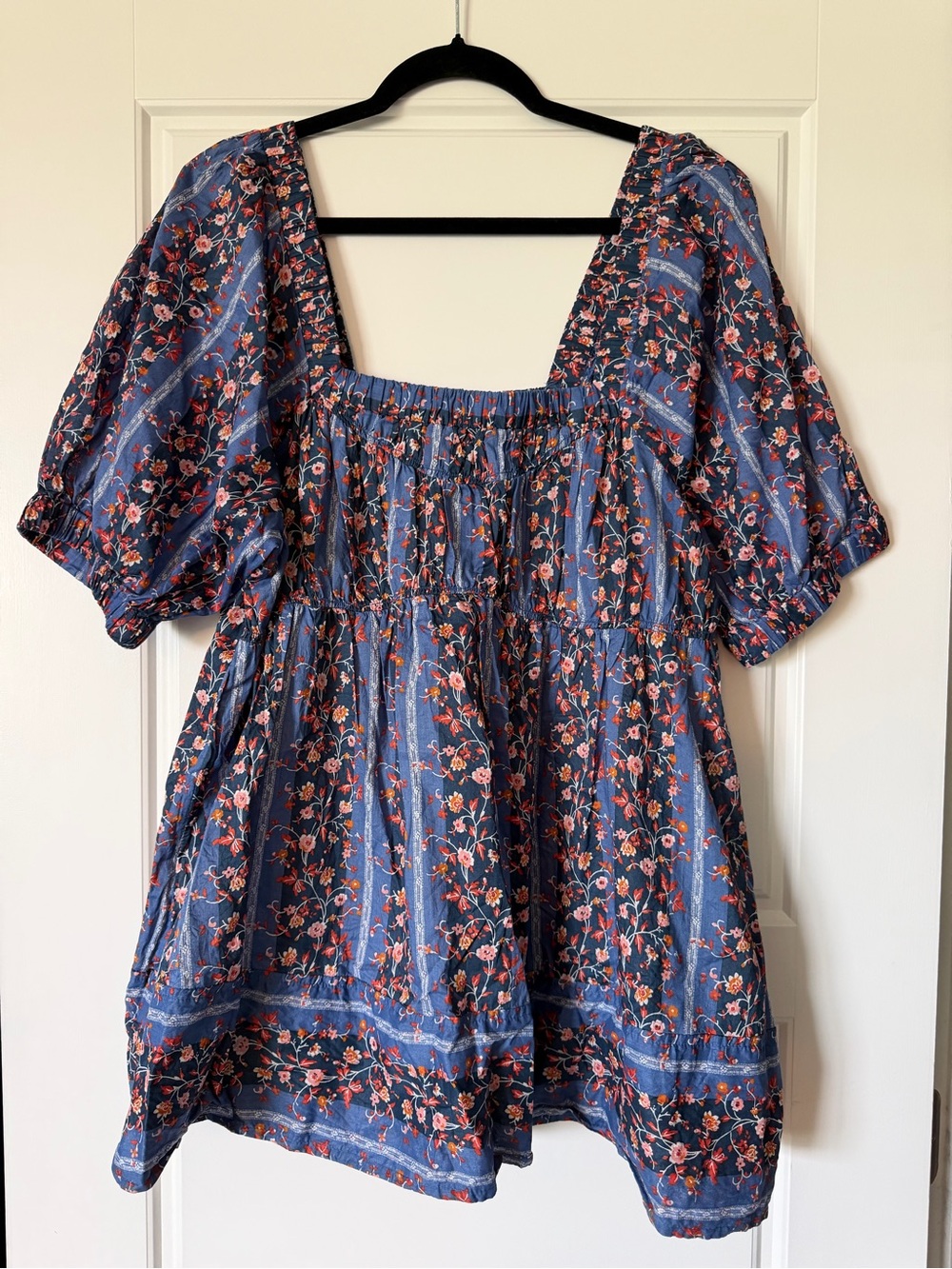 Free People Vintage Lover Blue Floral Puff-Sleeve Women's Top